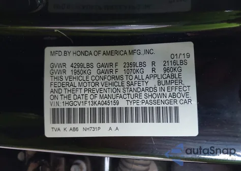 2019 Honda Accord Lx из США, поврежденный, VIN 1HGCV1F13KA045159